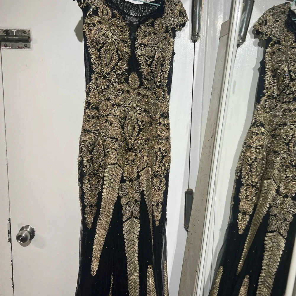 Embellished Black & Gold Evening Gown